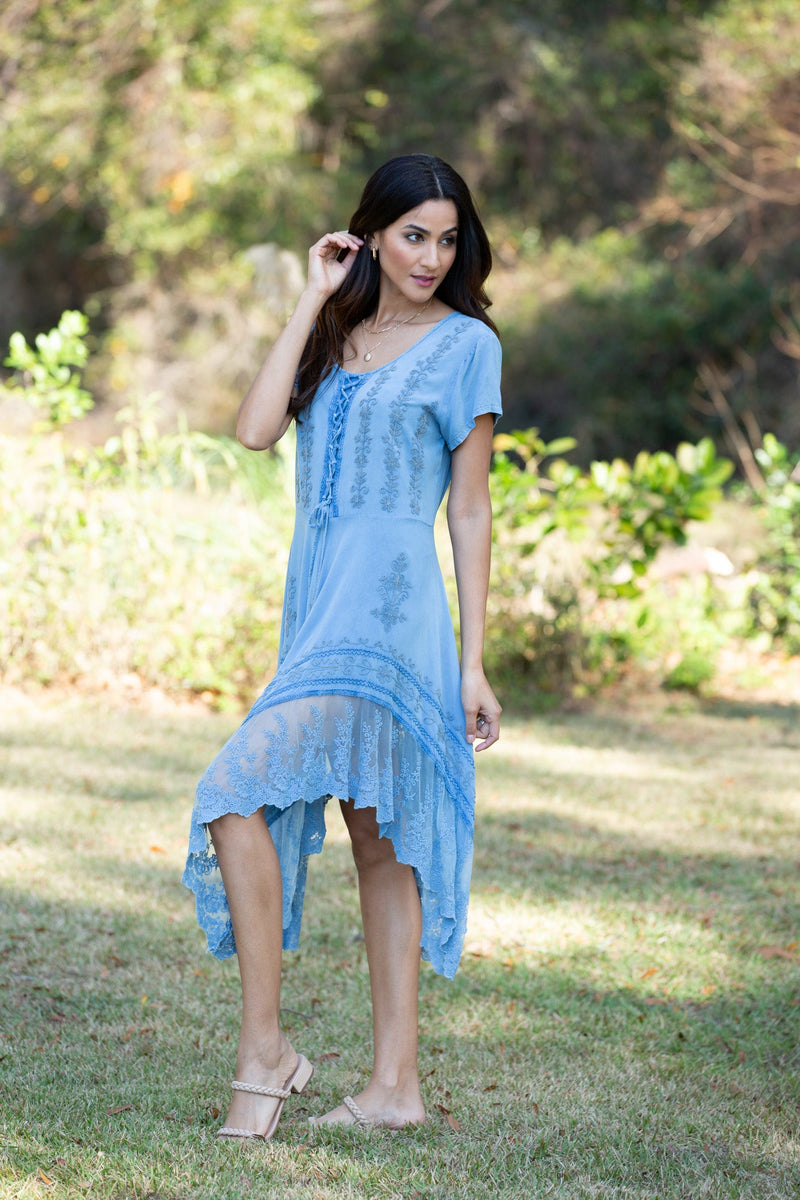 225223 Embroidered Artisan Blue Dress with Lace  Sacred Threads, Inc