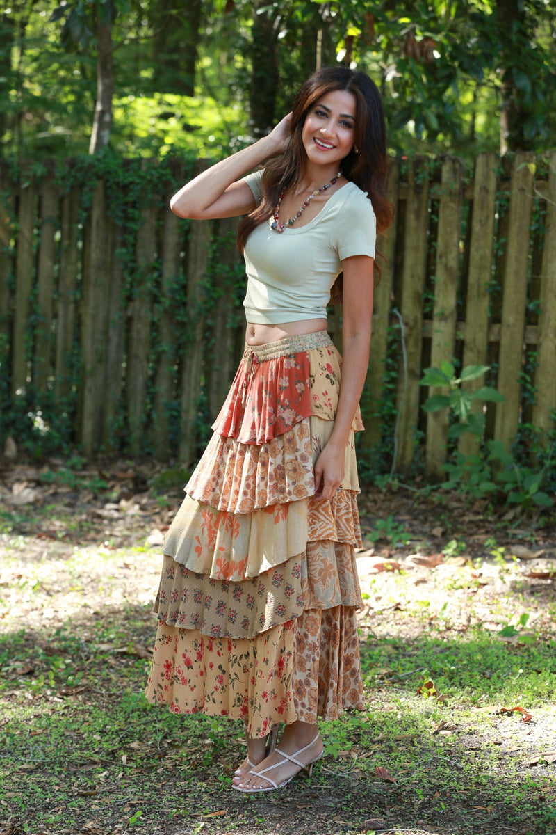225516 Tiered Patchwork Ruffle Maxi Skirt: Amber Hue Line – Sacred
