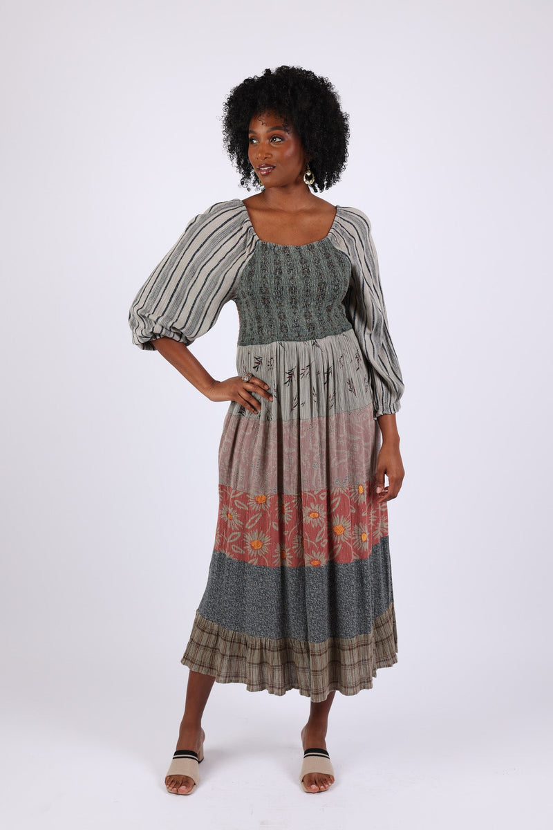 225525 Floral & Striped Fall Smocked Patchwork Dress – Sacred