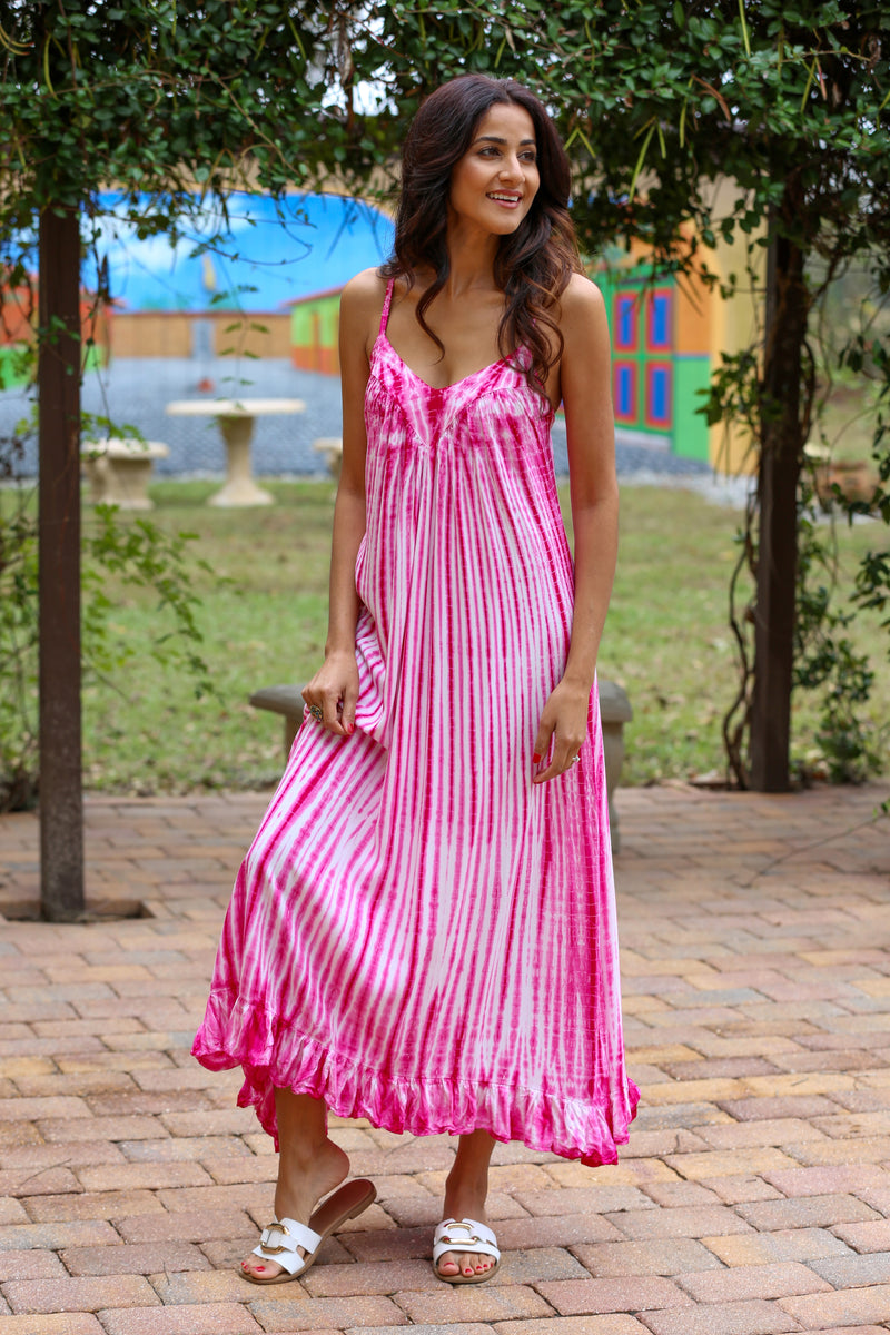 pink and white tie dye dress 226214 Spaghetti Strap Tie-Dye Maxi (Bleach Pink) Crochet Dress pattern for Adjustable shoulder with rope Dec2pics Size:Medium (M)