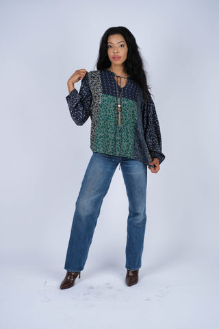 224644 Patchwork Tie-Neck Rayon Blouse