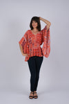 225033 Red Wanderlust Blockprint Hippie Top with Flared Sleeves