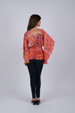 225033 Red Wanderlust Blockprint Hippie Top with Flared Sleeves