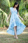 225089 Sky Blossom Dipped Hem Blockprint Dress