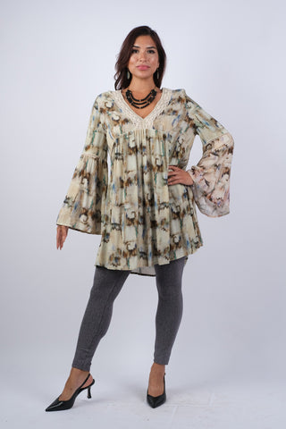 225109/2 Abstract Camel Tunic with Flared Sleeves