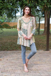 225207 Olive Bloom Bell Sleeve Hippie Patchwork Top