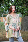 225207XXL Olive Bloom Bell Sleeve Hippie Patchwork Top XXL