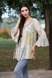 225207XXL Olive Bloom Bell Sleeve Hippie Patchwork Top XXL