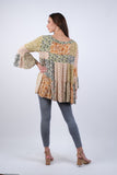 225207 Olive Bloom Bell Sleeve Hippie Patchwork Top