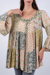 225207 Olive Bloom Bell Sleeve Hippie Patchwork Top