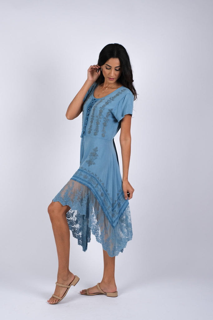 225223 Embroidered Artisan Blue Dress with Lace Sacred Threads, Inc 225223 Embroidered Artisan Blue Dress with Lace Sacred Threads, Inc