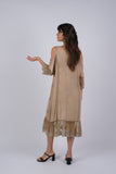 225232 Embroidered Artisan Camel Off-Shoulder Dress