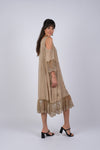 225232 Embroidered Artisan Camel Off-Shoulder Dress