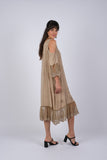225232 Embroidered Artisan Camel Off-Shoulder Dress