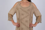 225232 Embroidered Artisan Camel Off-Shoulder Dress