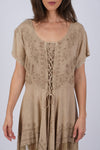 225233 Embroidered Artisan Camel Dress with Lace