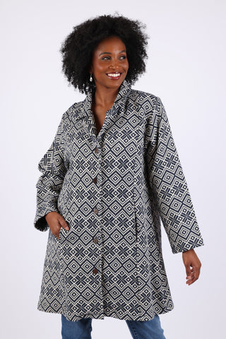 225504 Collared Button-up Coat: Navy Aztec Design