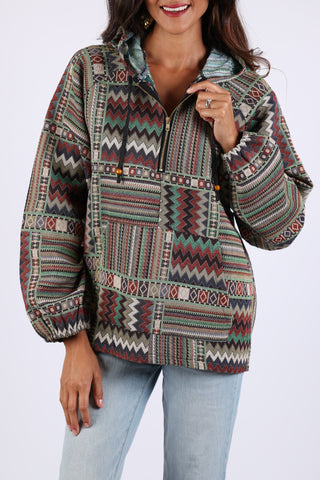 225506 Boho Patchwork Batik Hoodie: Relax Fit with Front Pocket