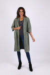 225508 Olive Green Long Cardigan in Cotton: 3/4 Sleeves with Pockets