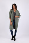 225508 Olive Green Long Cardigan in Cotton: 3/4 Sleeves with Pockets