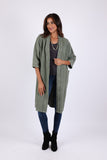 225508 Olive Green Long Cardigan in Cotton: 3/4 Sleeves with Pockets