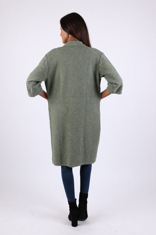 225508 Olive Green Long Cardigan in Cotton: 3/4 Sleeves with Pockets