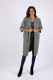 225508 Olive Green Long Cardigan in Cotton: 3/4 Sleeves with Pockets