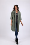 225508 Olive Green Long Cardigan in Cotton: 3/4 Sleeves with Pockets
