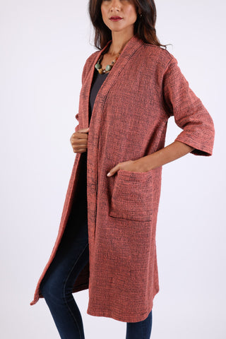 225509 Coral Cotton Long Cardigan: 3/4 Sleeves with Pockets