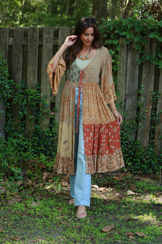 225513 Boho Patchwork Cover-Up: 3/4 Bell Sleeve (Amber Hue Line)