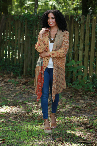 225514 Rustic Patchwork Open Front Cardigan (Amber Hue Line)