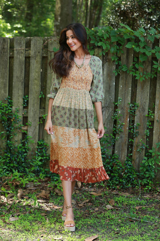 225515 Fall Tierd Patchwork Smocked Dress (Amber Hue Line)
