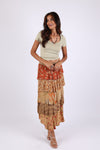 225516 Tiered Patchwork Ruffle Maxi Skirt: Amber Hue Line