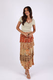 225516 Tiered Patchwork Ruffle Maxi Skirt: Amber Hue Line