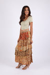 225516 Tiered Patchwork Ruffle Maxi Skirt: Amber Hue Line