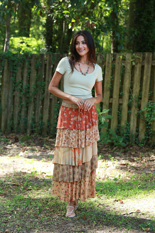 225516 Tiered Patchwork Ruffle Maxi Skirt: Amber Hue Line