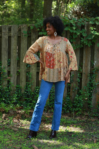 225517 Fall Patchwork Blouse Top: Bell Sleeve (Amber Hue)