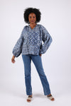 225518 Flowy Patchwork Peasant Top: Cotton in Blue