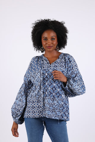 225518 Flowy Patchwork Peasant Top: Cotton in Blue