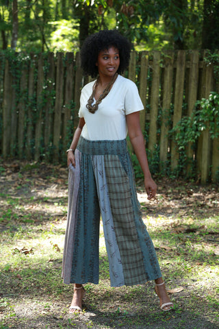 225522 Earthy Vintage Patchwork Palazzo Pants (Wildwoven Dream)
