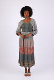 225525 Floral & Striped Fall Smocked Patchwork Dress