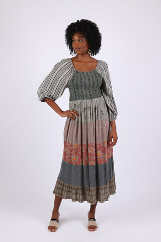 225525 Floral & Striped Fall Smocked Patchwork Dress Sacred Threads, Inc 225525 Floral & Striped Fall Smocked Patchwork Dress Sacred Threads, Inc