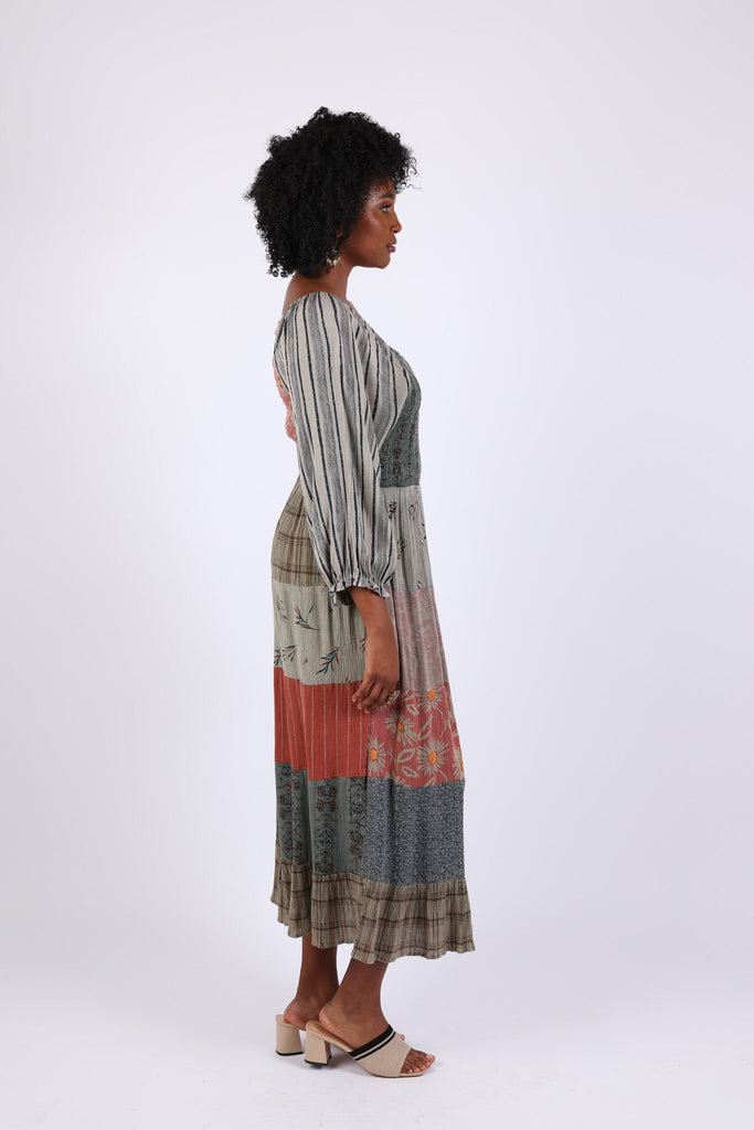 225525 Floral & Striped Fall Smocked Patchwork Dress Sacred Threads, Inc 225525 Floral & Striped Fall Smocked Patchwork Dress Sacred Threads, Inc