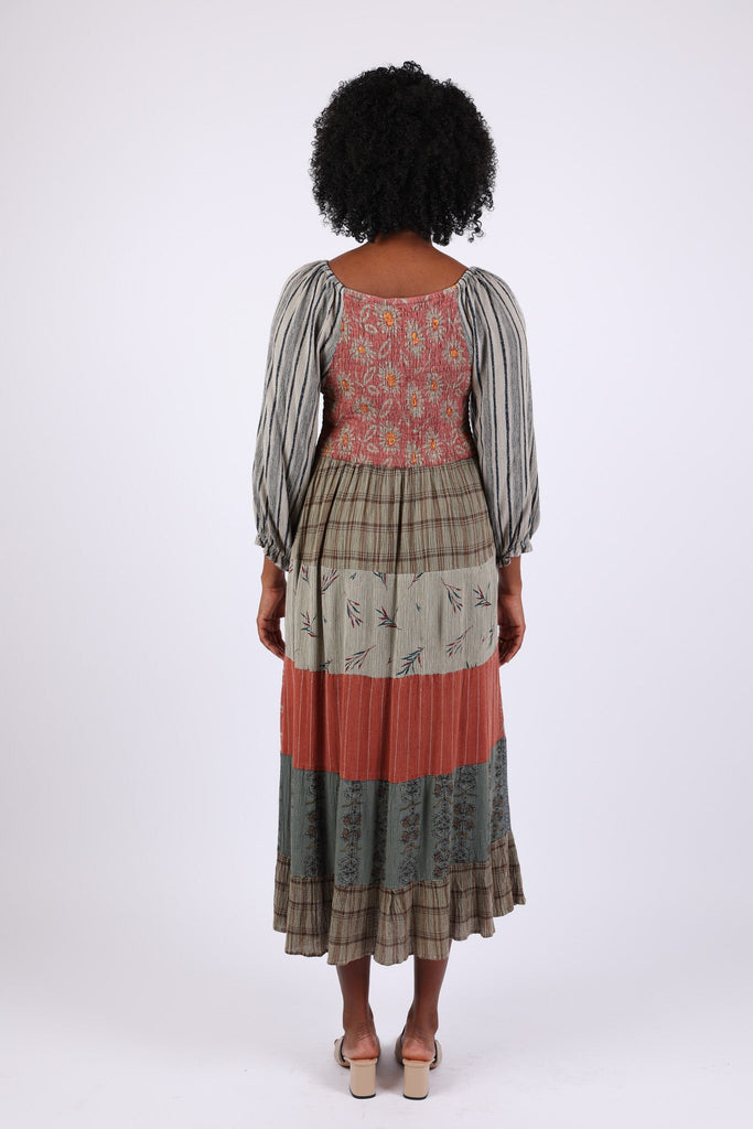 evening dress in cotton patchwork with striped and printed overskirt 225525 Floral & Striped Fall Smocked Patchwork Dress Sacred Threads, Inc