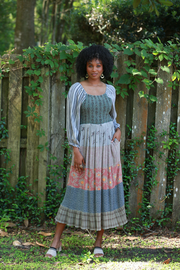225525 Floral & Striped Fall Smocked Patchwork Dress Sacred Threads, Inc 225525 Floral & Striped Fall Smocked Patchwork Dress Sacred Threads, Inc