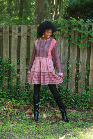 225526 Flowy Tiered Tunic: Patchwork in Plum