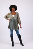 225528 Floral & Striped Patchwork Blouse Top: Relaxed Fit Long Sleeve