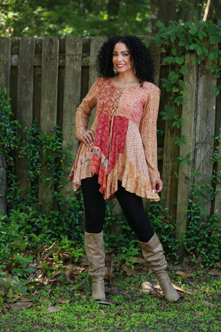 225531 Rustic Lace-Up Mixed Patchwork Dress (Maple Bloom)