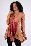 225531 Rustic Lace-Up Mixed Patchwork Dress (Maple Bloom)