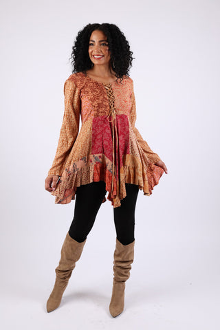 225531XXL Rustic Lace-Up Patchwork Dress XXL (Maple Bloom)